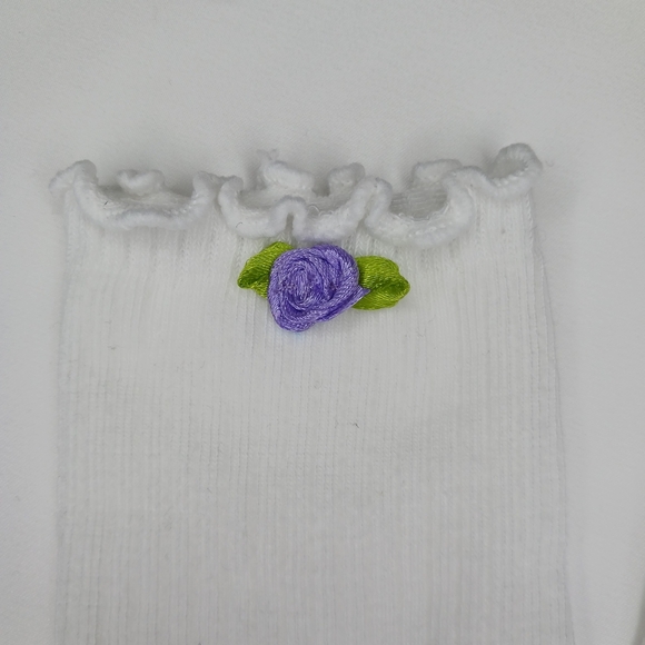 White Lettuce Ruffle Crew Cut Socks with Satin Purple Rose. - Picture 3 of 3